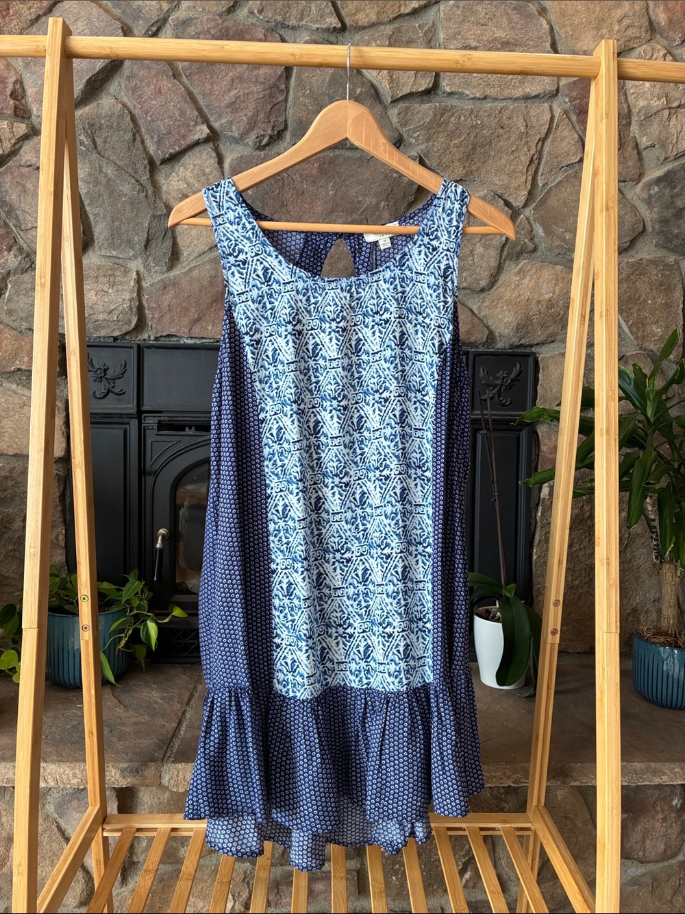 Umgee Navy and White Mixed Print Bo ho Sleeveless Dress